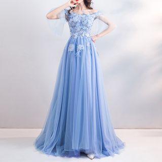 Elbow-sleeve Off Shoulder Floral Embellished Ball Gown