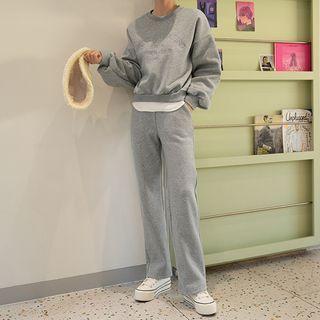 Set: Letter-embroidered Sweatshirt + Straight Sweat Pants
