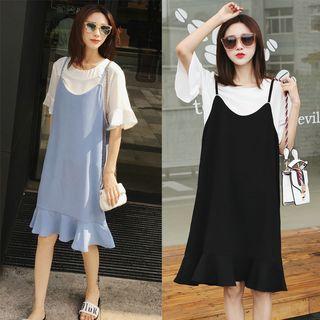 Set: Short-sleeve Chiffon Top + Spaghetti Strap Pinafore