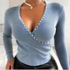 Long Sleeve V-neck Ribbed-knit Crop Sweater