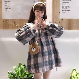 Plaid Collared Puff-sleeve Dress