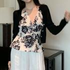 Halter Neck Floral Print Top / Cardigan / Wide-leg Pants