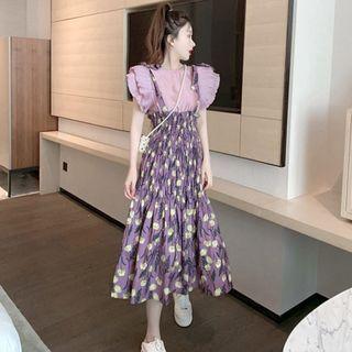 Set: Ruffled Top + Floral Print Midi A-line Overall Dress