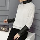Long-sleeve Faux-leather Panel Dotted Top