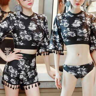 Set: Flower Print Elbow-sleeve Tankini + Swim Shorts