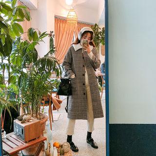 Fleece-collar Plaid Wool Blend Coat