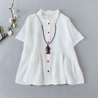 Short-sleeve Frill Trim Buttoned Tunic Top