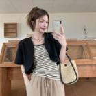 Set Of 2 : Short-sleeve Cropped Cardigan + Suspender Striped Tank Top / High-waist Drawstring Shift Pants