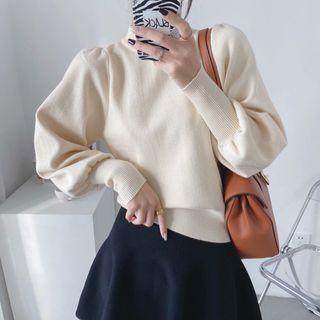 Turtle Neck Puff Sleeve Plain Sweater