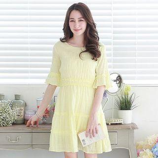 Elbow-sleeve Frilled-trim Plain Dress