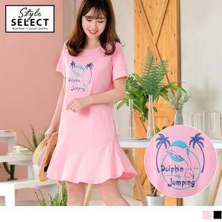 Short-sleeve Dolphin Print Ruffled Dress