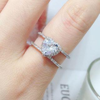 Layered Rhinestone Heart Open Ring 1 Pc - Heart Ring - Silver - One Size