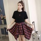 Set: Short-sleeve T-shirt + Mini Plaid Asymmetric Skirt + Undershorts