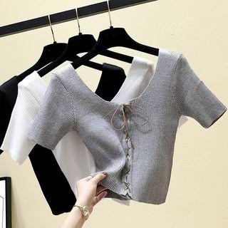 Lace-up Cropped Short-sleeve Knit Top