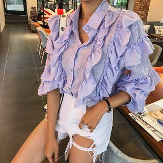 Long-sleeve Frilled Cotton Blouse