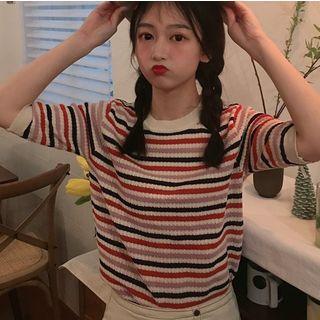 Elbow Sleeve Rainbow Stripe Knit Top Tangerine - One Size