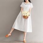 Short-sleeve Embroidered Midi A-line Linen Dress