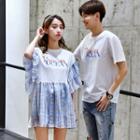 Couple Matching Short-sleeve Letter T-shirt / Elbow-sleeve Plaid Paneled Mini Dress