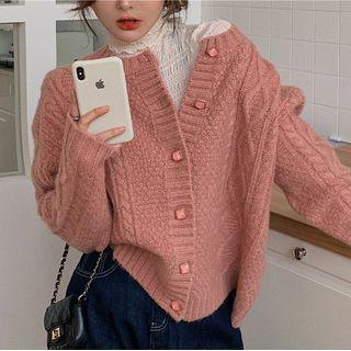 Mock-turtleneck Lace Blouse / Cable Knit Cardigan