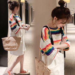 Set: 3/4-sleeve Striped T-shirt + Denim Jumper Dress