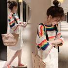 Set: 3/4-sleeve Striped T-shirt + Denim Jumper Dress