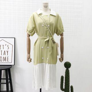 Double-breasted Colorblock Shirtdress With Sash