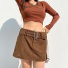 Belted Corduroy Mini Pencil Skirt