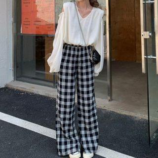 Cold-shoulder Blouse / Plaid Wide Leg Pants
