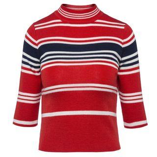 Mock-neck Striped Elbow-sleeve Knit Top Orange Red - One Size