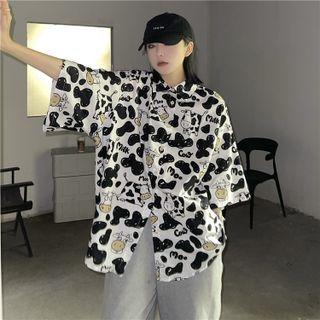 Short-sleeve Cow Print Button-up Shirt Black - One Size