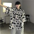 Short-sleeve Cow Print Button-up Shirt Black - One Size