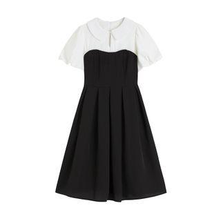Mock Two-piece Short-sleeve Pleated Midi A-line Dress