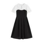 Mock Two-piece Short-sleeve Pleated Midi A-line Dress