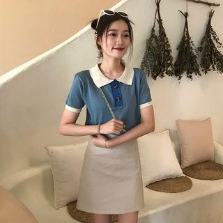 Contrast Color Polo Knit Top