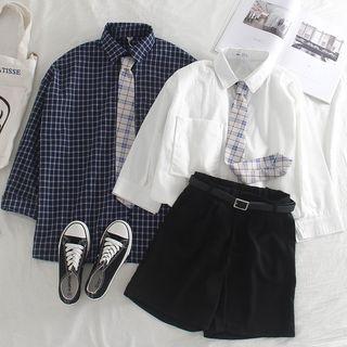 Long-sleeve Tie Neck Shirt / High-waist Plain Shorts