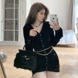 V-neck Button-up Knit Mini Sheath Dress / Chain Belt