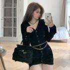 V-neck Button-up Knit Mini Sheath Dress / Chain Belt