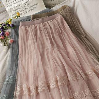 Lace-panel Mesh Midi Skirt In 5 Colors
