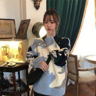 Cow Print Mock-neck Sweater Blue - One Size