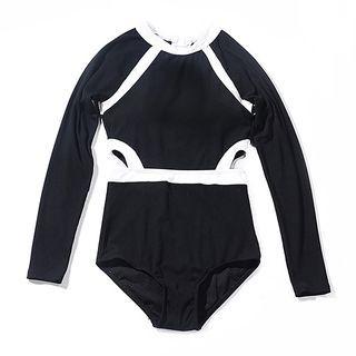 Long-sleeve Contrast Trim Cut-out Swimsuit