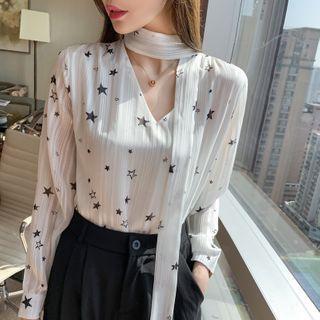 Star Print Bow-neck Blouse