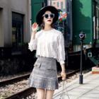 Set: Fringed Elbow-sleeve Top + Plaid Mini Skirt