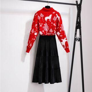 Turtleneck Deer Print Sweater / Midi A-line Skirt / Set