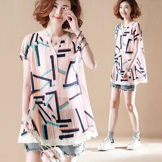 Mandarin Collar Patterned Tulle-hem Blouse