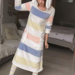 Rabbit Ear Hooded Striped Midi Fleece Sleep Dress