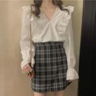 Ruffle Blouse / Plaid Mini Pencil Skirt Shirt - Off-white - One Size