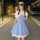 Puff-sleeve Frill Trim Crop Top / Spaghetti Strap Mini A-line Dress