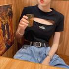 Short-sleeve Bow Cutout T-shirt Black - One Size