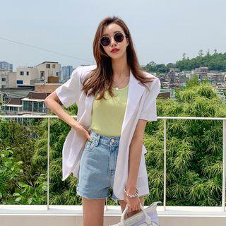Short-sleeve Linen Blend Jacket With Belt White - One Size