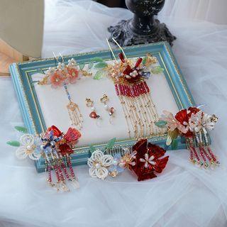 Set Of 6: Flower Headpiece + Clip-on Earring Set Of 6 - Red - One Size